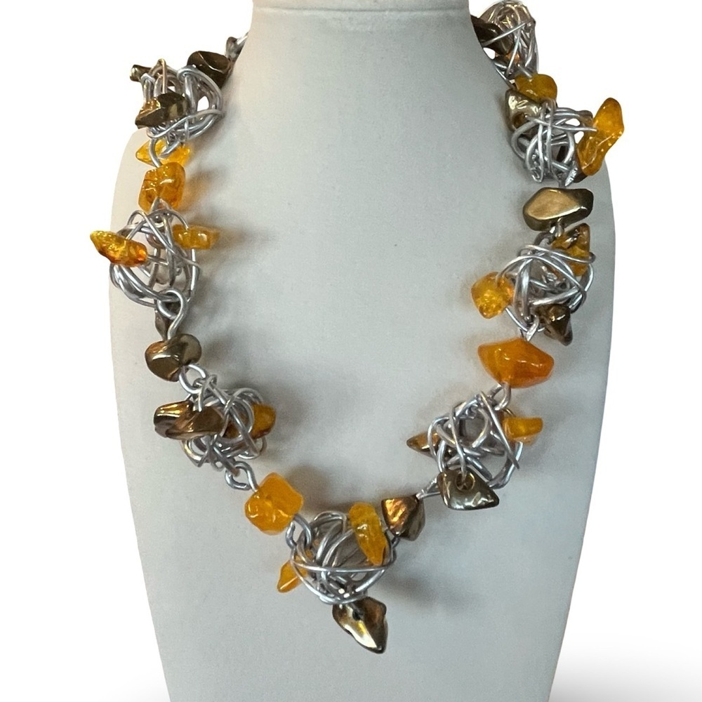 Vintage Abra Caged Aluminum and Amber Necklace